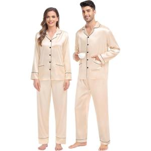 image:imageSWOMOG Matching Family Pajamas Set Women amp Men amp Kids Silk Satin Pjs 2 Pcs Long Sleeve Button Down Sleepwear with 2 PocketsChampagne