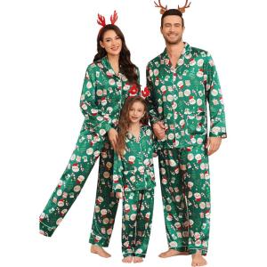image:imageSWOMOG Matching Family Pajamas Set Women amp Men amp Kids Silk Satin Pjs 2 Pcs Long Sleeve Button Down Sleepwear with 2 PocketsKids Christmas Pattern 120Age for 67Y