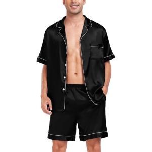 image:imageSWOMOG Men Satin Silk Pajamas Sets Short Sleeve Sleepwear ButtonDown PJs Sets TwoPieces Loungewear with PocketsBlack