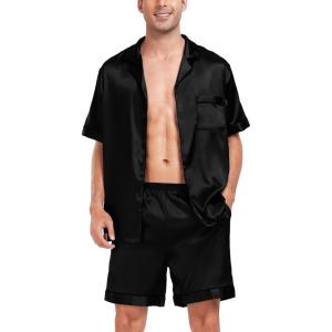 image:imageSWOMOG Men Satin Silk Pajamas Sets Short Sleeve Sleepwear ButtonDown PJs Sets TwoPieces Loungewear with PocketsBlack Black