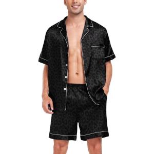 image:imageSWOMOG Men Satin Silk Pajamas Sets Short Sleeve Sleepwear ButtonDown PJs Sets TwoPieces Loungewear with PocketsBlack Leopard Print