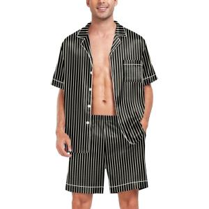 image:imageSWOMOG Men Satin Silk Pajamas Sets Short Sleeve Sleepwear ButtonDown PJs Sets TwoPieces Loungewear with PocketsBlack Stripe Gold