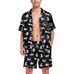 image:imageSWOMOG Men Satin Silk Pajamas Sets Short Sleeve Sleepwear ButtonDown PJs Sets TwoPieces Loungewear with PocketsBlack and White