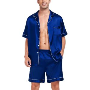 image:imageSWOMOG Men Satin Silk Pajamas Sets Short Sleeve Sleepwear ButtonDown PJs Sets TwoPieces Loungewear with PocketsBlue