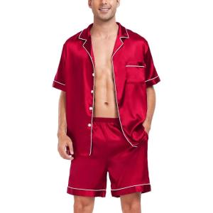 image:imageSWOMOG Men Satin Silk Pajamas Sets Short Sleeve Sleepwear ButtonDown PJs Sets TwoPieces Loungewear with PocketsCamellia Red