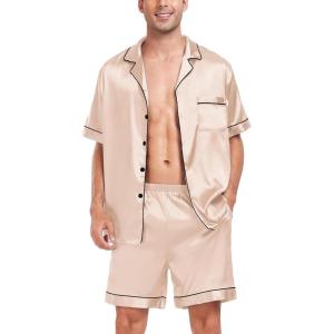 image:imageSWOMOG Men Satin Silk Pajamas Sets Short Sleeve Sleepwear ButtonDown PJs Sets TwoPieces Loungewear with PocketsChampagne