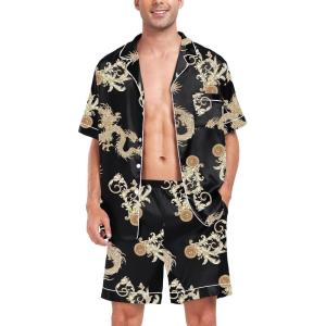image:imageSWOMOG Men Satin Silk Pajamas Sets Short Sleeve Sleepwear ButtonDown PJs Sets TwoPieces Loungewear with PocketsDark Black
