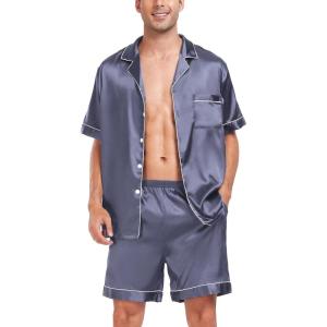 image:imageSWOMOG Men Satin Silk Pajamas Sets Short Sleeve Sleepwear ButtonDown PJs Sets TwoPieces Loungewear with PocketsDark Gray