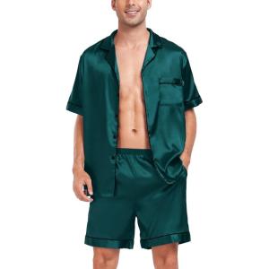 image:imageSWOMOG Men Satin Silk Pajamas Sets Short Sleeve Sleepwear ButtonDown PJs Sets TwoPieces Loungewear with PocketsDark Green