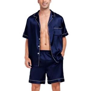 image:imageSWOMOG Men Satin Silk Pajamas Sets Short Sleeve Sleepwear ButtonDown PJs Sets TwoPieces Loungewear with PocketsDark Navy Blue