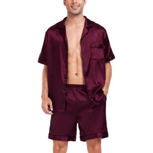 image:imageSWOMOG Men Satin Silk Pajamas Sets Short Sleeve Sleepwear ButtonDown PJs Sets TwoPieces Loungewear with PocketsDark Wine Red