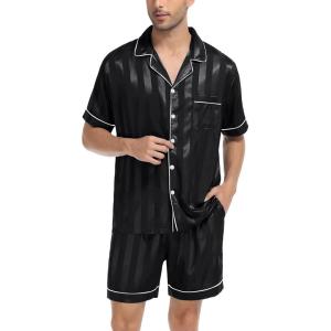 image:imageSWOMOG Men Satin Silk Pajamas Sets Short Sleeve Sleepwear ButtonDown PJs Sets TwoPieces Loungewear with PocketsDimblack Sriped