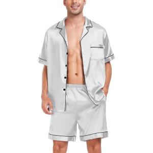 image:imageSWOMOG Men Satin Silk Pajamas Sets Short Sleeve Sleepwear ButtonDown PJs Sets TwoPieces Loungewear with PocketsGray