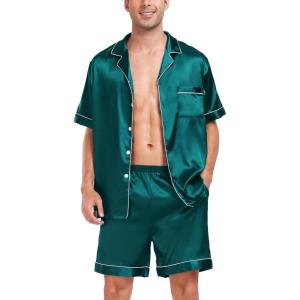 image:imageSWOMOG Men Satin Silk Pajamas Sets Short Sleeve Sleepwear ButtonDown PJs Sets TwoPieces Loungewear with PocketsGreen