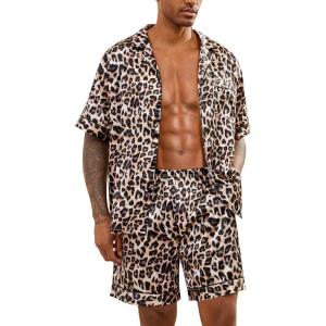 image:imageSWOMOG Men Satin Silk Pajamas Sets Short Sleeve Sleepwear ButtonDown PJs Sets TwoPieces Loungewear with PocketsLeopard