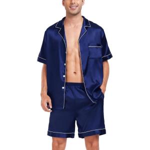 image:imageSWOMOG Men Satin Silk Pajamas Sets Short Sleeve Sleepwear ButtonDown PJs Sets TwoPieces Loungewear with PocketsNavy Blue