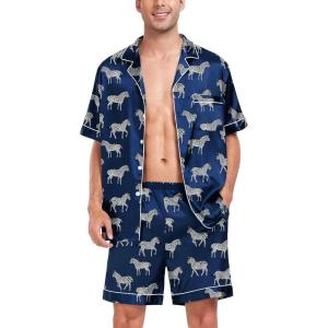 image:imageSWOMOG Men Satin Silk Pajamas Sets Short Sleeve Sleepwear ButtonDown PJs Sets TwoPieces Loungewear with PocketsNavy Bue Zebra