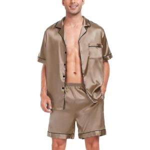 image:imageSWOMOG Men Satin Silk Pajamas Sets Short Sleeve Sleepwear ButtonDown PJs Sets TwoPieces Loungewear with PocketsOpaue Couche