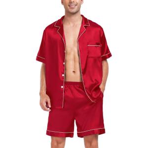 image:imageSWOMOG Men Satin Silk Pajamas Sets Short Sleeve Sleepwear ButtonDown PJs Sets TwoPieces Loungewear with PocketsRed