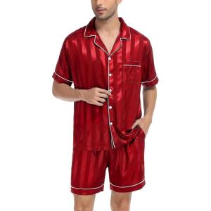 image:imageSWOMOG Men Satin Silk Pajamas Sets Short Sleeve Sleepwear ButtonDown PJs Sets TwoPieces Loungewear with PocketsRed Sriped
