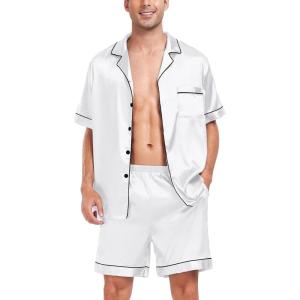 image:imageSWOMOG Men Satin Silk Pajamas Sets Short Sleeve Sleepwear ButtonDown PJs Sets TwoPieces Loungewear with PocketsWhite