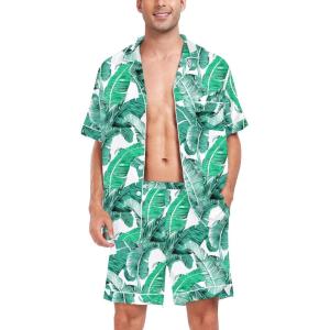 image:imageSWOMOG Men Satin Silk Pajamas Sets Short Sleeve Sleepwear ButtonDown PJs Sets TwoPieces Loungewear with PocketsWhite Leave