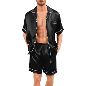 image:imageSWOMOG Men Silk Pajama Set Short Sleeve Satin PJs Sets 2 Piece Button Down Sleepwear Soft Summer Loungewear with PocketsBlack