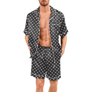 image:imageSWOMOG Men Silk Pajama Set Short Sleeve Satin PJs Sets 2 Piece Button Down Sleepwear Soft Summer Loungewear with PocketsBlack Floral