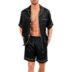 image:imageSWOMOG Men Silk Pajama Set Short Sleeve Satin PJs Sets 2 Piece Button Down Sleepwear Soft Summer Loungewear with PocketsBlack Leopard Print