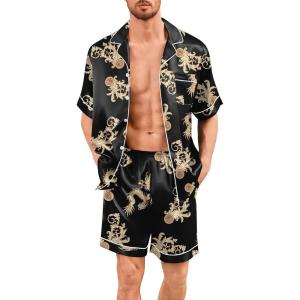 image:imageSWOMOG Men Silk Pajama Set Short Sleeve Satin PJs Sets 2 Piece Button Down Sleepwear Soft Summer Loungewear with PocketsDark Black