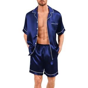 image:imageSWOMOG Men Silk Pajama Set Short Sleeve Satin PJs Sets 2 Piece Button Down Sleepwear Soft Summer Loungewear with PocketsDeep Navy Blue