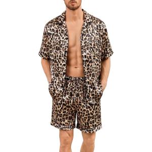 image:imageSWOMOG Men Silk Pajama Set Short Sleeve Satin PJs Sets 2 Piece Button Down Sleepwear Soft Summer Loungewear with PocketsLeopard