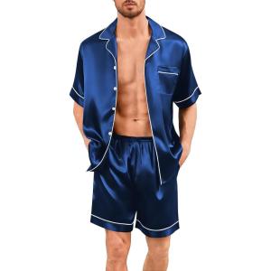 image:imageSWOMOG Men Silk Pajama Set Short Sleeve Satin PJs Sets 2 Piece Button Down Sleepwear Soft Summer Loungewear with PocketsNavy Blue