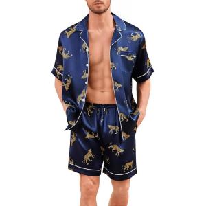 image:imageSWOMOG Men Silk Pajama Set Short Sleeve Satin PJs Sets 2 Piece Button Down Sleepwear Soft Summer Loungewear with PocketsNavy Blue Leopard