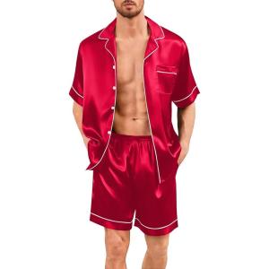 image:imageSWOMOG Men Silk Pajama Set Short Sleeve Satin PJs Sets 2 Piece Button Down Sleepwear Soft Summer Loungewear with PocketsRed
