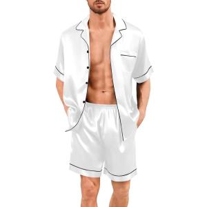 image:imageSWOMOG Men Silk Pajama Set Short Sleeve Satin PJs Sets 2 Piece Button Down Sleepwear Soft Summer Loungewear with PocketsWhite