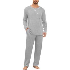 image:imageSWOMOG Mens Pajamas Set Modal Long Sleeve Sleepwear Crew Neck Pjs 2 Piece Loungewear Nightshirt Top amp Pants with PocketsGrey