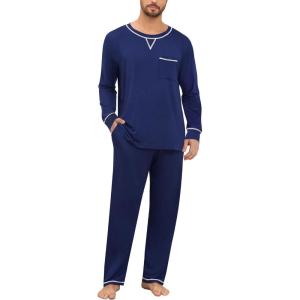 image:imageSWOMOG Mens Pajamas Set Modal Long Sleeve Sleepwear Crew Neck Pjs 2 Piece Loungewear Nightshirt Top amp Pants with PocketsNavy Blue