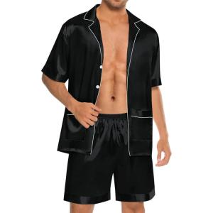 image:imageSWOMOG Mens Silk Pajama Set 2 Pieces Short Sleeve Soft Satin Sleepwear Button Down PjBlack