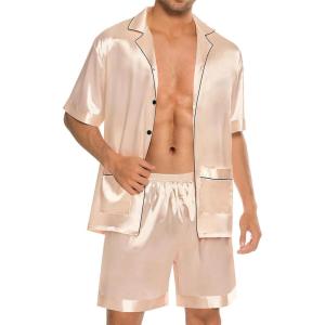 image:imageSWOMOG Mens Silk Pajama Set 2 Pieces Short Sleeve Soft Satin Sleepwear Button Down PjChampagne