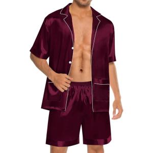 image:imageSWOMOG Mens Silk Pajama Set 2 Pieces Short Sleeve Soft Satin Sleepwear Button Down PjDeep Wine Red
