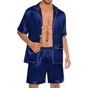 image:imageSWOMOG Mens Silk Pajama Set 2 Pieces Short Sleeve Soft Satin Sleepwear Button Down PjNavy Blue