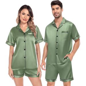 image:imageSWOMOG Satin Matching Pajamas Sets Couple Silk Button Down Nightwear Women amp Men Short Sleeve Sleepwear 2 Pieces Loungewear