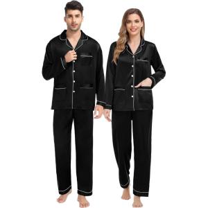 image:imageSWOMOG Satin Pjs for Women Casual Silk Pajama Set Classic Long Sleeve Sleepwear V Neck Loungewear with Pockets Nightwear Black