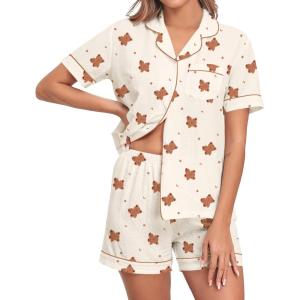 image:imageSWOMOG Women 2 Piece Pajamas Sets Short Sleeve Pj Sets Cute Printed Sleepwear Button Down Shirt with Lounge Shorts SetBear Beige