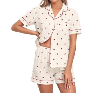 image:imageSWOMOG Women 2 Piece Pajamas Sets Short Sleeve Pj Sets Cute Printed Sleepwear Button Down Shirt with Lounge Shorts SetBeige Cherry
