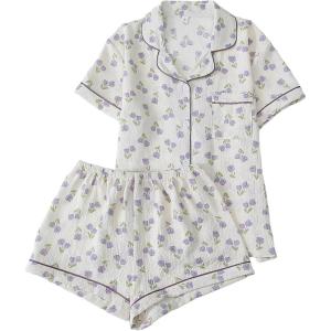 image:imageSWOMOG Women 2 Piece Pajamas Sets Short Sleeve Pj Sets Cute Printed Sleepwear Button Down Shirt with Lounge Shorts SetBeige Flower