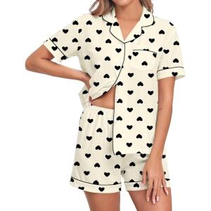 image:imageSWOMOG Women 2 Piece Pajamas Sets Short Sleeve Pj Sets Cute Printed Sleepwear Button Down Shirt with Lounge Shorts SetBeige Heart