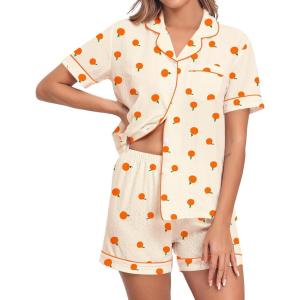 image:imageSWOMOG Women 2 Piece Pajamas Sets Short Sleeve Pj Sets Cute Printed Sleepwear Button Down Shirt with Lounge Shorts SetBeige Orange
