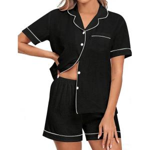 image:imageSWOMOG Women 2 Piece Pajamas Sets Short Sleeve Pj Sets Cute Printed Sleepwear Button Down Shirt with Lounge Shorts SetBlack